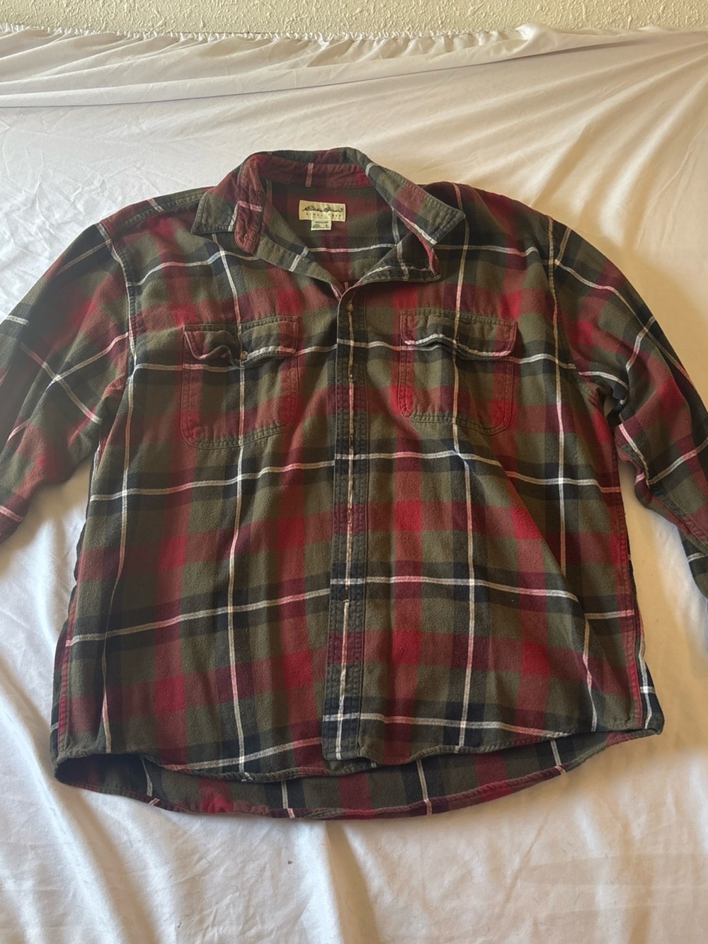 Eddie Bauer Olive Green & Red Plaid Button-Down Shirt vintage